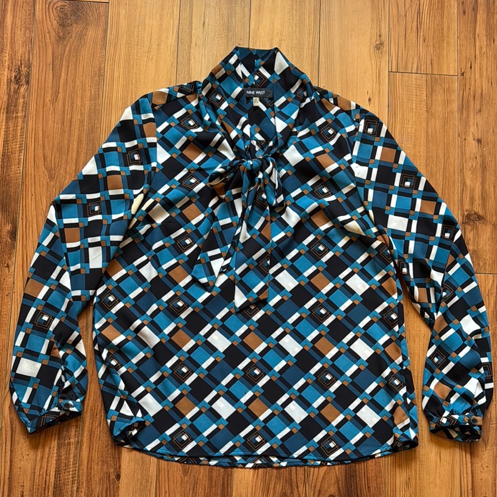 Nine West Geometric Patterned Blouse in Blue and Brown